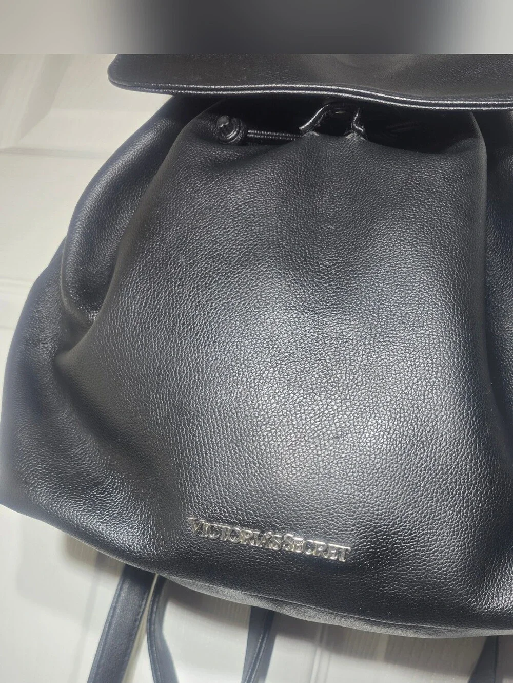Victoria’s Secret Black Faux Leather Backpack Drawstring Bag Silver  Logo - Picture 7 of 8